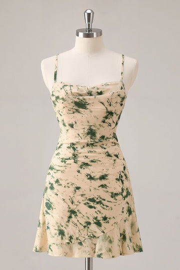 Champagne Printed A-Line Homecoming Dress with Lace-up Back